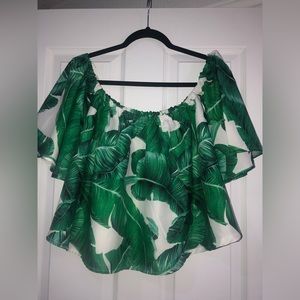 Leaf print off the shoulder blouse